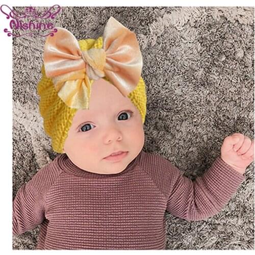 Nishine Colorful Handmade Bowknot Baby Girls Hat Soft Comfortable Knitting Wool Cap Newborn Striped Bonnet Kids Hair Accessories