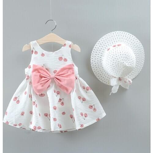 NEW Children Kids Girls Clothes Cute Bow Cherry Printed Sleeveless Cool Princess Summer Dress+sun Hat Baby Dresses
