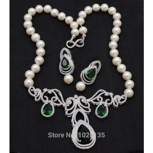 One set freshwater pearl white near round 10-11mm and green zircon pendnat necklace earrings wholesale nature gift discount