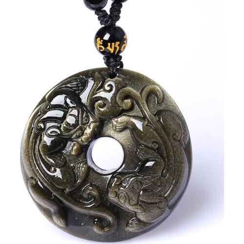 Natural Black Obsidian Stone Pendant Carved Circle Pixiu Chinese dragon pendant necklace Men Jewelry