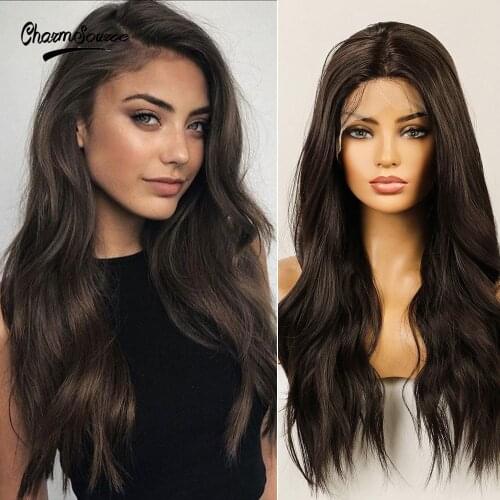 CharmSource Long Wavy Dark Brown Wig Lace Frontal Wigs Synthetic for Black White Women Daily Wedding Cosplay Hair High Density