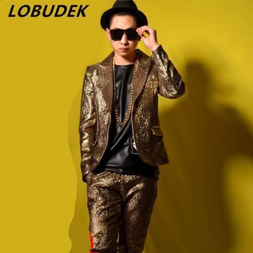 Jacket+pants) male gold suits wedding groom prom dancer singer dress performance show nightclub clothing Outdoors wear party