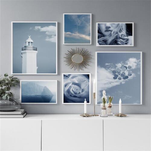 Blue Lighthouse Balloon Sea Flower Girl Wall Art Canvas Painting Nordic Posters And Prints Wall Pictures For Living Room Decor