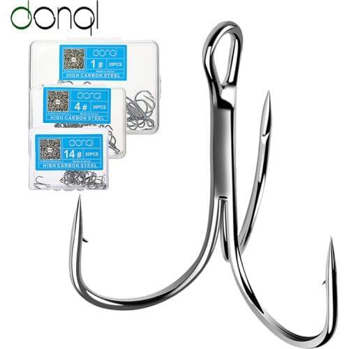 DONQL 20pcs/ Box Treble Fishing Hooks Set Carbon Steel Barbed Fishhooks Super Sharp Triple Hooks Sea Tackle Accessories