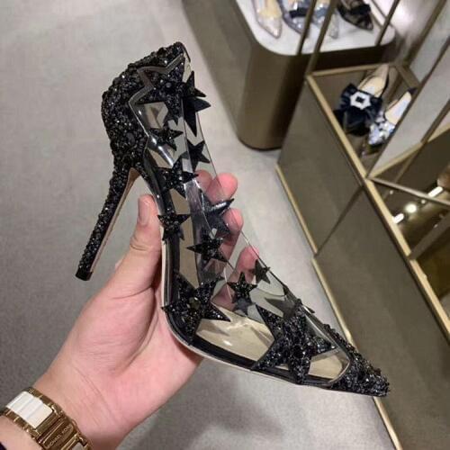 Sexy Ladies Black Rhinestone Pentagram Full Covered Clear PVC Pumps Crystal Thin Heels Pointed Toe Female Stilettos High Heels