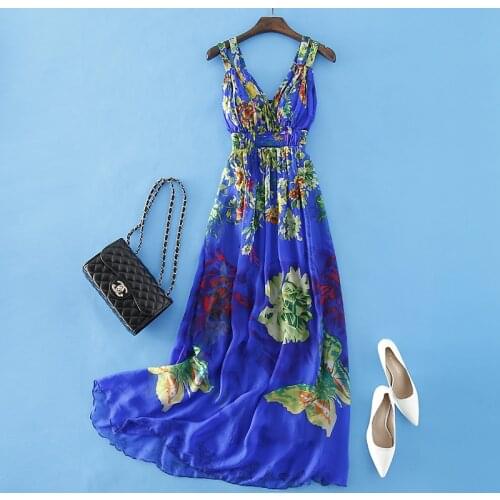 Tcyeek Vintage Summer Dress Women Clothes 2020 Sexy Boho 100% Real Silk Long Elegant Vestidos Ladies Floral Blue Maxi Dress 513