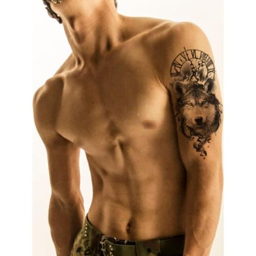 Wolf Orange Blue Eyes Waterproof Temporary Tattoo Sticker Black Clock Design Fake Tattoos Flash Tatoo Arm Body Art for Women Men