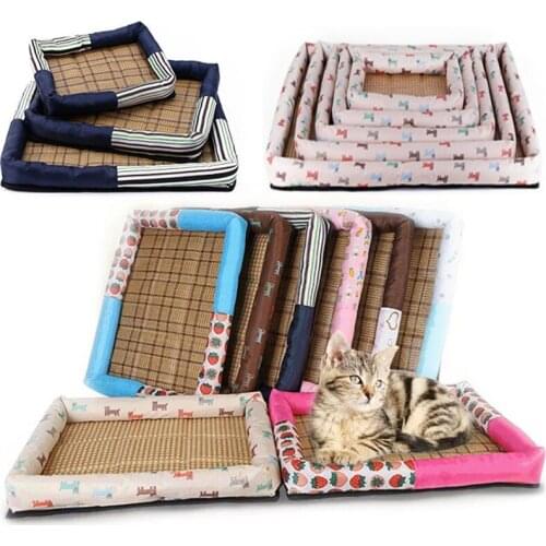 All Season Pet Dog Bed Soft Fleece Puppy Cat House with Blanket Bone Pillow Nest Summer Cooling Rattan Mat 8 Colors Pet Products