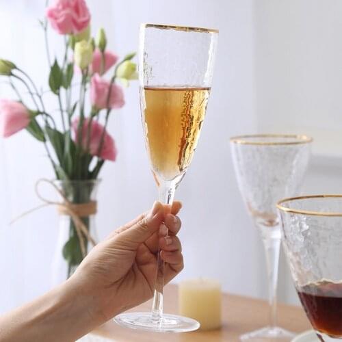 Japan Golden Edge Hammer Pattern Goblet Champagne Flutes Martini Cup Plated Wine Glasses Cocktail Wedding Party Bar Tools