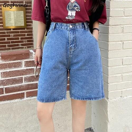 Women Denim Shorts Solid Fashion Knee-length Bf Style Casual Straight Teen All-match Streetwear Simple High Waist Harjauku Retro