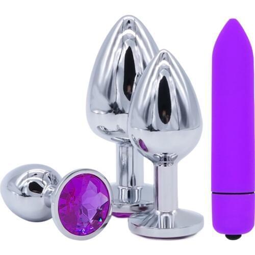 Women Metal Anal Plug Bullet Vibrators Combination Men Smooth Stainless Steel Crystal Base Butt Beads Adult Sex Toys