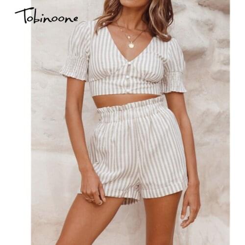Tobinoone Pants Suit Summer Striped Two Piece Clothing Set Women Short Sleeve Top Sexy Holiday Sets Outfit Single Button Suits