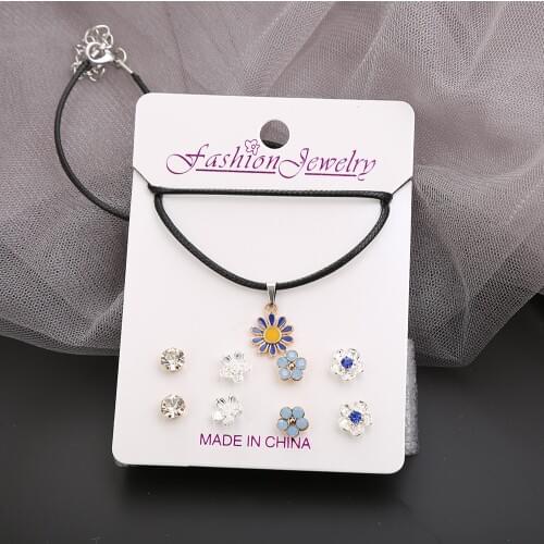 1 Pc Necklace + 4 Pairs Earrings Jewelry Sets for Women New Fashion Necklace Silver Color Flower Crystal Stud Earrings
