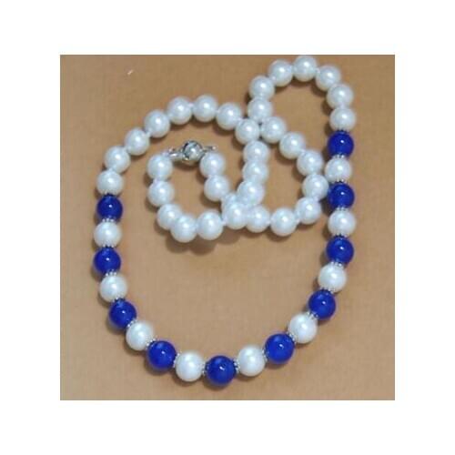 10mm White Akoya Shell Pearl & 10mm Blue Sapphire Round Gemstone Beads Necklace