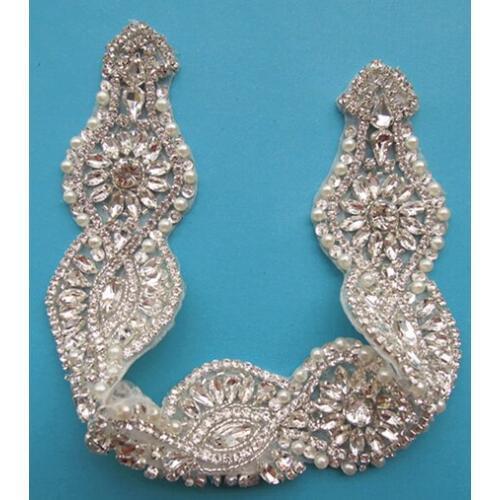 30PCS) Wholesale iron on bridal sash beaded sewing silver crystal rhinestone appliques for wedding dresses sash belt WDD0231