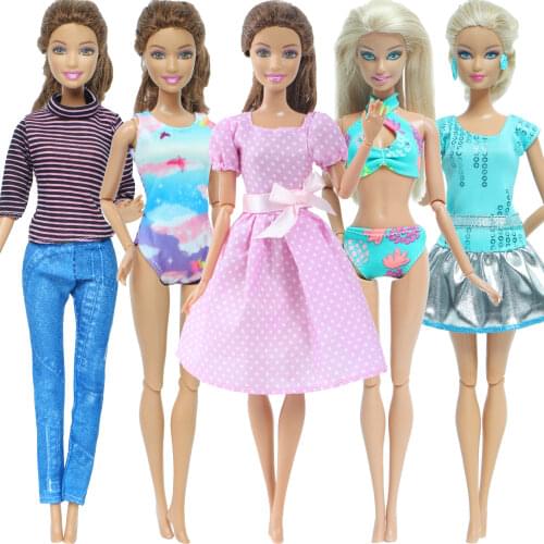 5 Pcs/Lot = 2 Sets Swimsuits Bikini + 2 Pcs Dresses + 1 Pcs Outfit Mix Style Clothes for Barbie Doll DIY Accessories Toy