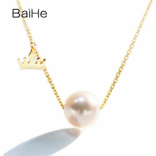 BAIHE Solid 18K Yellow Gold Certified About 8-8.5mm Round Natural Freshwater Pearl Wedding Trendy Jewelry Gift Pearl Necklaces