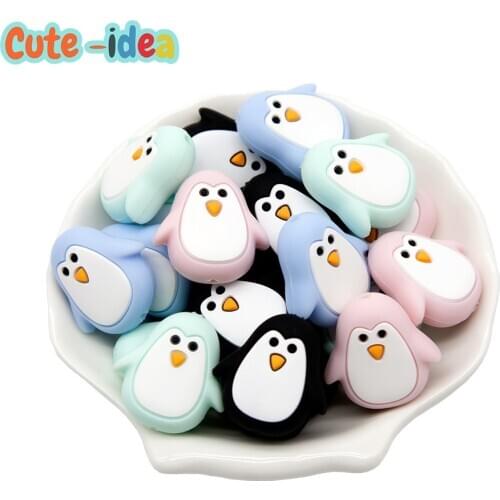 Cute-idea 10pcs Cartoon Animal Penguin Silicone Beads Baby Chewable Teether DIY Pacifier Chain Toys Accessories Baby Goods