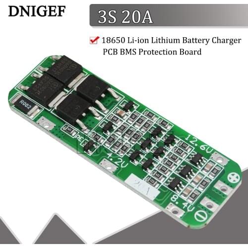 DNIGEF 3S 20A Li-ion Lithium Battery 18650 Charger PCB BMS Protection Board 64x20x3.4mm For Drill Motor 12.6V Lipo Cell Module