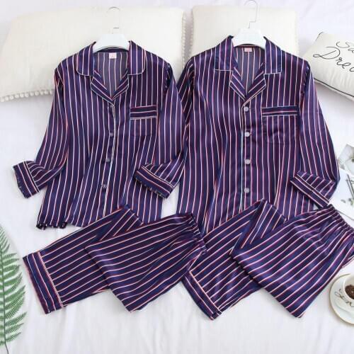 Couple Pajama Sets Silk Satin Pijamas Striped Sleepwear Home Suit Pyjama For Lover Man Woman Lovers' Clothes M-3XL