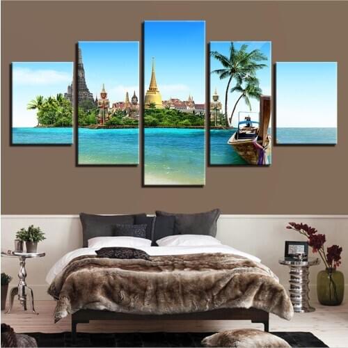 Canvas HD Prints Paintings Living Room Decor 5 Pieces Tropical Island Pictures Thailand Pattaya Buddha Poster Wall Art(No Frame)