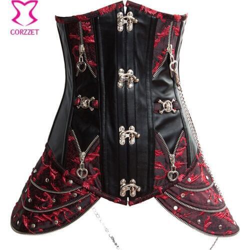 Red and Black Steampunk Skirted Corsets Steel Boned Waist Trainer Corset Underbust Sexy Corpetes E Espartilhos Gothic Clothing