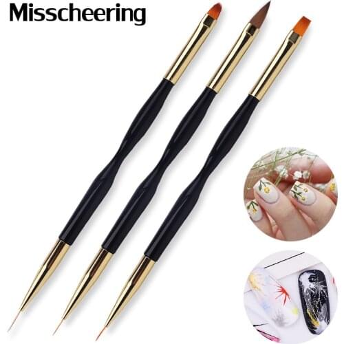 Set of 3 Sizes Double End Nail Brushes Gold Black Handle 3D Carving Liner Painting Pen For Manicure DIY UV Gel Flowers Design