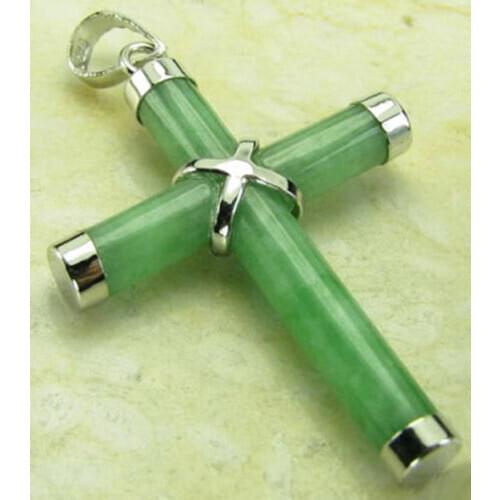 Natural Light Green Jade White Gold Plated Cross Pendant with Necklace