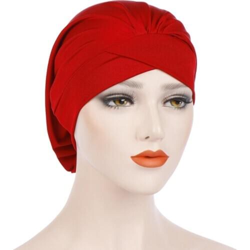 New Muslim elastic Cross twist turban cap indian wrinkle hat femme musulman Headwear Muslim plain Thin Stretchable cap head wrap