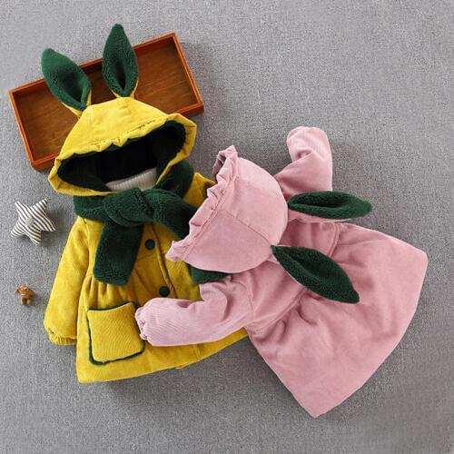 Baby Girl Parkas Coats Winter Hot Sale Children Girls Hoodies Jackets Toddler Cartoon Ribbit Ear Coats with Scarf Warm Outwear