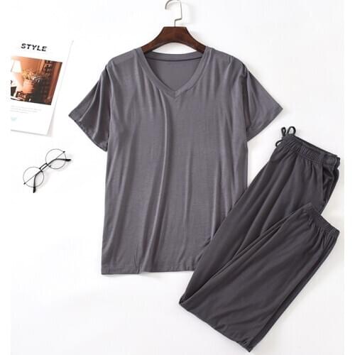 Modal pajamas mens suit spring and summer thin short-sleeved trousers suit closed feet loose plus size elastic home service