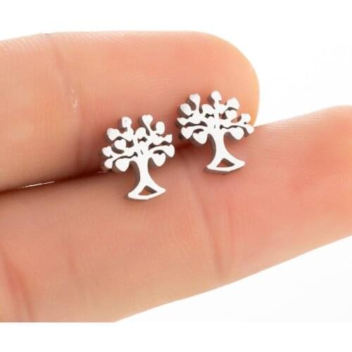 Shuangshuo Stainless Steel Earrings Simple Design Life Tree Stud Earrings for Women Girl Retro Cute Small Object Earring Jewelry