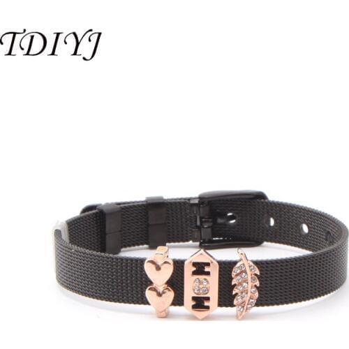 TDIYJ Love Mom Leaf Zircon Keeper Bracelet Set Mesh Heart Hobbies Charms Stainless Steel Black Bracelet 1Set