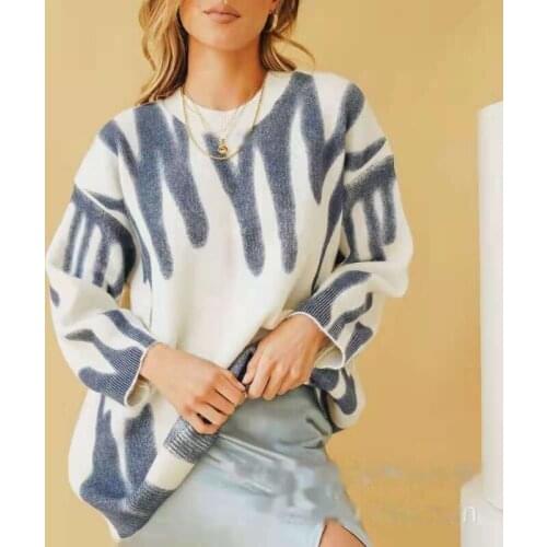 Green Striped Oversized Print Knitted Sweater Women Elegant Pullover Ladies Autumn Casual Loose Long Sleeve Sweaters Pullovers