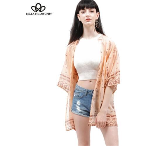 Bella Philosophy 2016 summer beach ethnic dream catcher feather print kimono shirt bikini cover up real photo