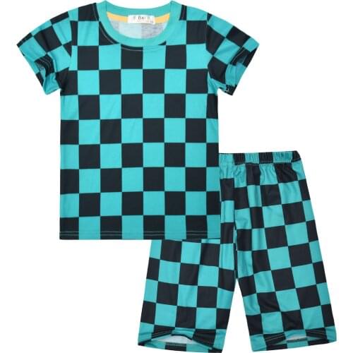 2PCS Anime Cosplay Demon Slayer Kamado Tanjirou Sleepwear Costume Boys Cartoon Pijamas Summer Short Sleeve Tops Pants Pajamas