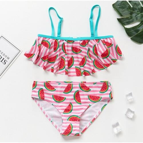 3-10years Childrens Swimwear Two Piece 2021 Girls Swimsuit Striped Fruit Swimwear Watermelon Ruffle Styel Bathingsuit For Girls