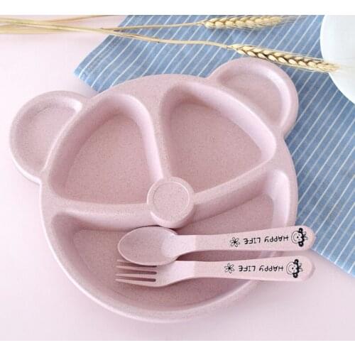 3pcs Baby Bamboo Tableware Bowl Spoon Fork Feeding Food Dinnerware Set Cute Cartoon Panda Children Dishes Newborn Plates Pink
