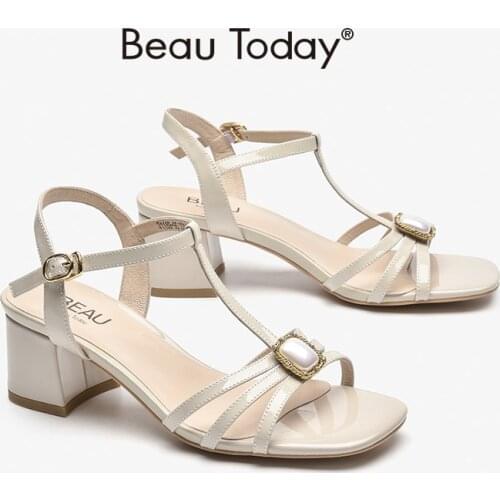 BeauToday High Heel Sandals Women Patent Leather Pumps T-Strap Pearl Decoration Ankle Strap Elegant Ladies Summer Shoes 31189