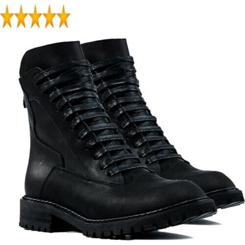 Platform Men Thick Vintage Spring Genuine Leather Lace Up Military Boots Retro High Top Pointed Toe Punk Male Shoes