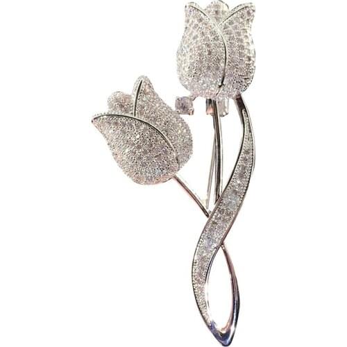 Tulip Flower Cz Brooch Pin Elegant Rose Flower Cubic Zircon Brooches For Wedding Costume Accessories Jewelry
