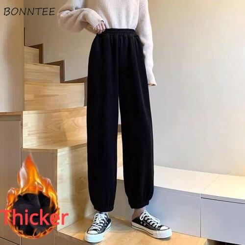 Women Solid Casual Pants Thickening Simple Large Size Loose Elastic Waist College Students Soft Stretchy Fashion Females Winter