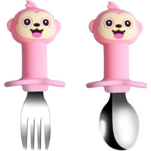 Baby Fork Set Short Easy Spoon Cartoon Dinosaur Silicone Teether Toys Anti-slip Feeding Training Utensils 2 Pcs/Set