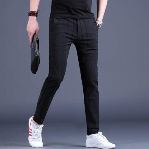 Summer Fashion Striped Casual Pants Men Summer Korean Streetwear Black Thin Trousers