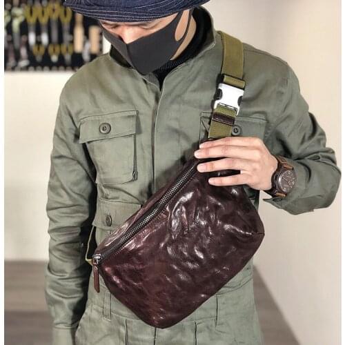 Fashion vintage genuine leather multifunctional mens chest bag casual trend natural cowhide waist pack sports diagonal bag
