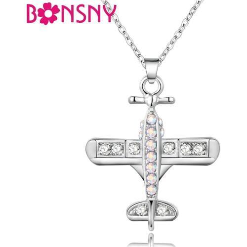 Bonsny Alloy Rhinestone Plane Aircraft Model Necklace Crystal Pendant Chain Choker Fashion Jewelry For Women Girls Ladies Bulk