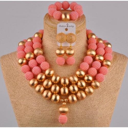 Peach african jewelry set simulated pearl necklace nigerian beads jewelry sets for women FZZ37