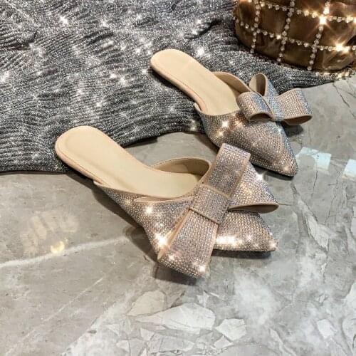 Pointed Toe Baotou Half Slippers Womens Summer Wear 2020 New Style Crystal Bow Lazy Flat Slippers Womens Shoes
