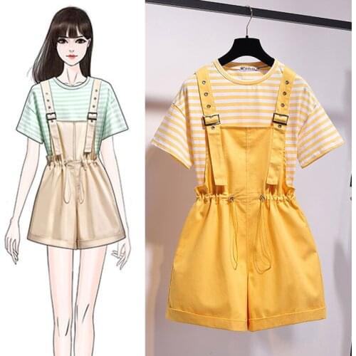 Two-piece Small Fresh Bib Two-piece Female Summer 2021 New Korean Version of Loose Wide-leg Shorts Jeans Women Denim Shorts