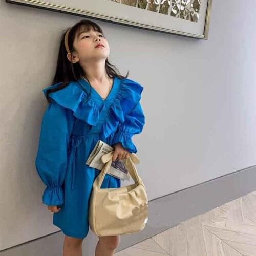 Spring Autumn Girls' Dress Temperament Costumes Pure Color Stitching Long-Sleeved Princess Dress Baby Kids ChildrenS Clothing